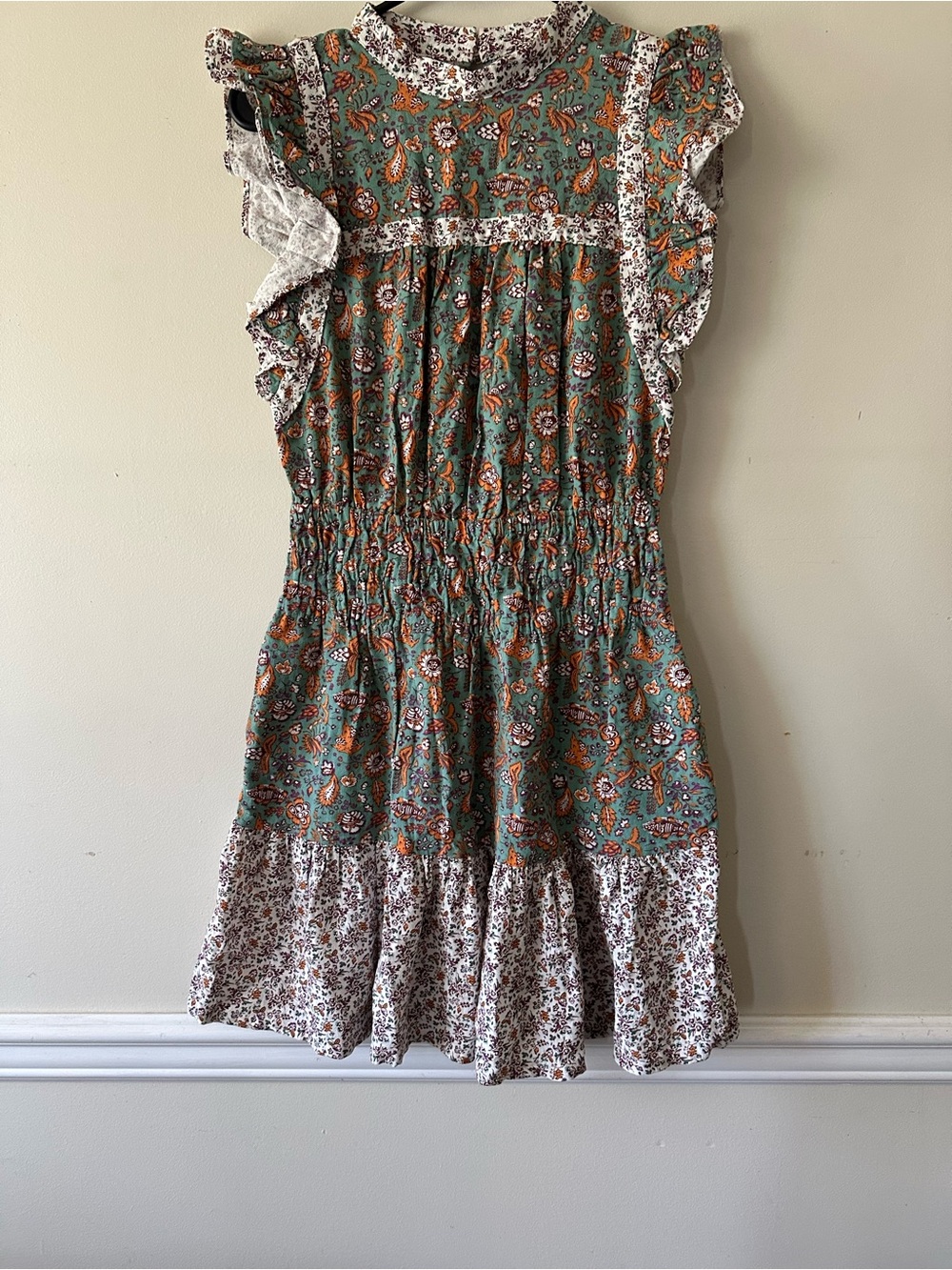 Womens Floral Ruffle Dress in Green and Cream